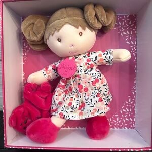 JoLijou Paris Demoiselle Plush My First Doll Pink Dress Brown Hair Bear NEW